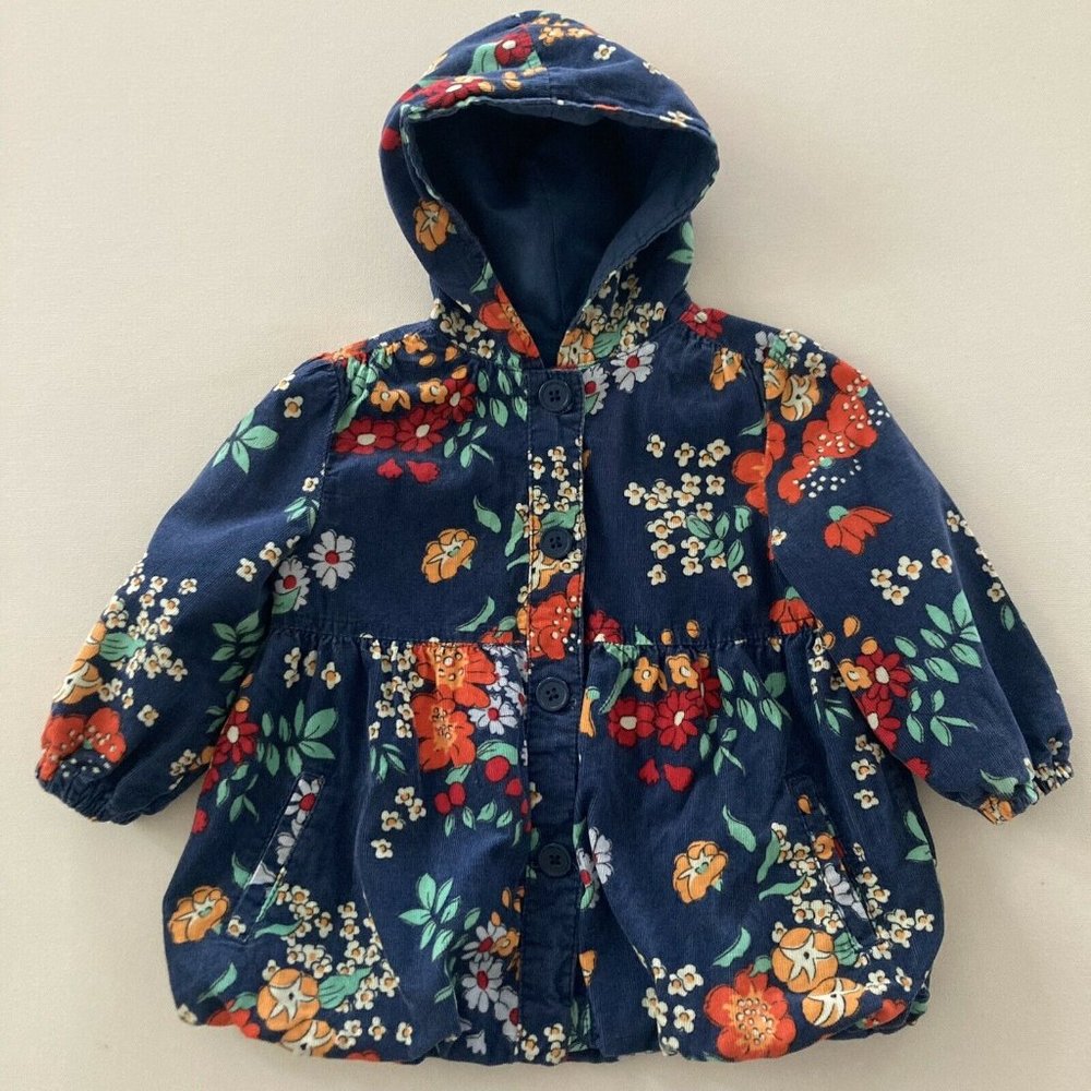 Crazy 8 Baby Girl 12-18 Months Blue Floral Corduroy Jacket Hooded Lined Pockets